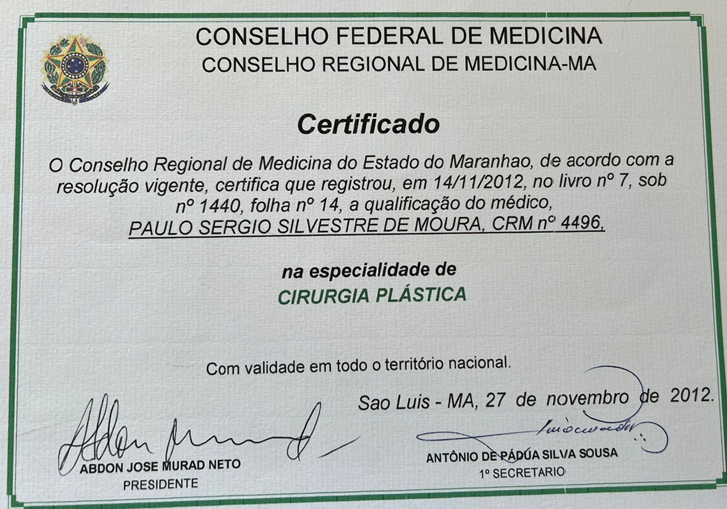Certificado 1 — Dr. Paulo de Moura