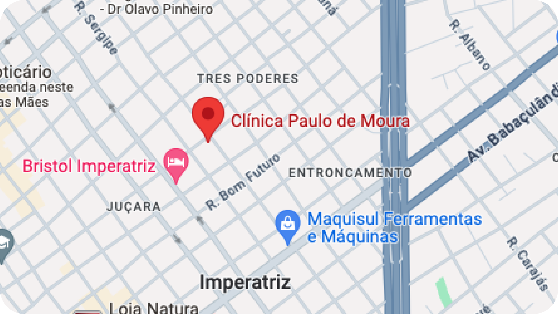 Mapa da clínica na Rua Bahia, 1496 — Juçara, Imperatriz (MA).